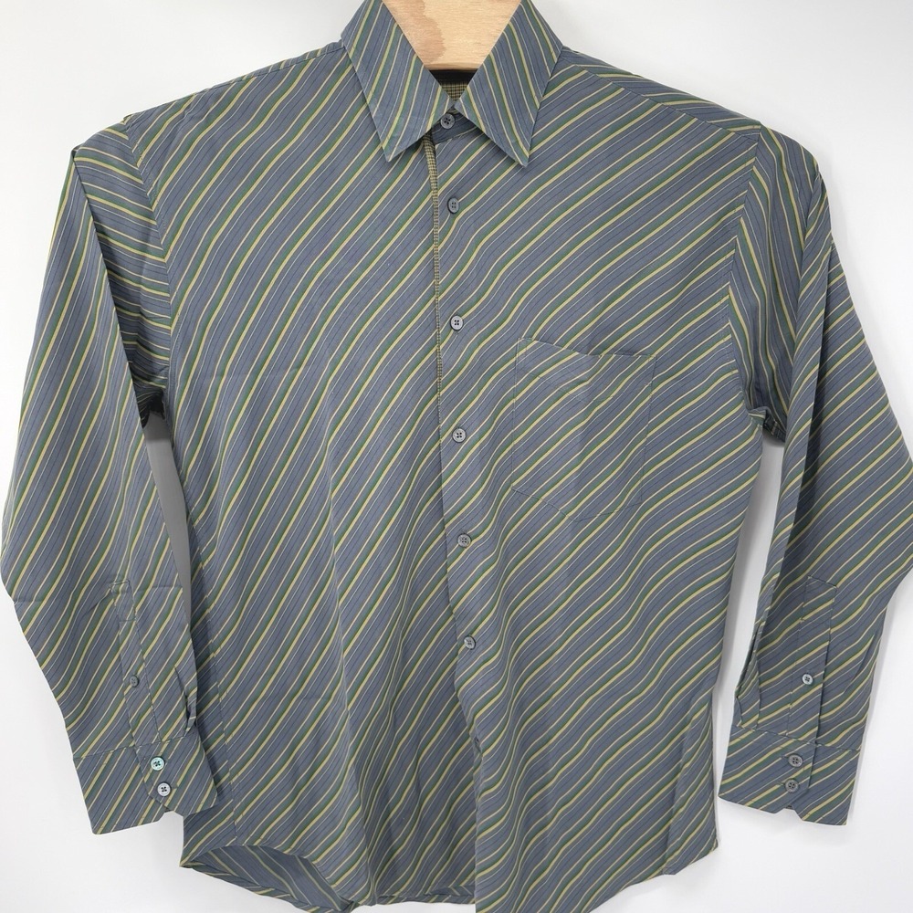 Bugatchi Uomo Button Down Men M Blue Green Yellow Diagonal Stripe Long Sleeve